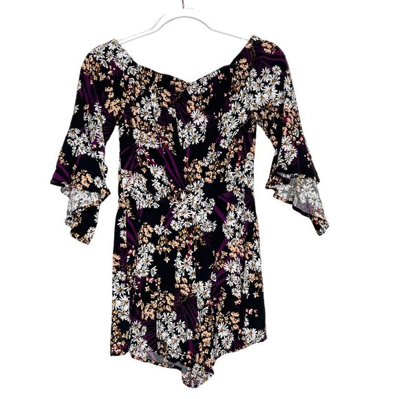 EXPRESS Floral Off-Shoulder Romper Flutter Sleeve Drawstring Black Purple Size S - Picture 4 of 6